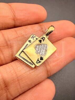 14K Yellow Gold  cubic zirconia Spade A & K Card Pendant